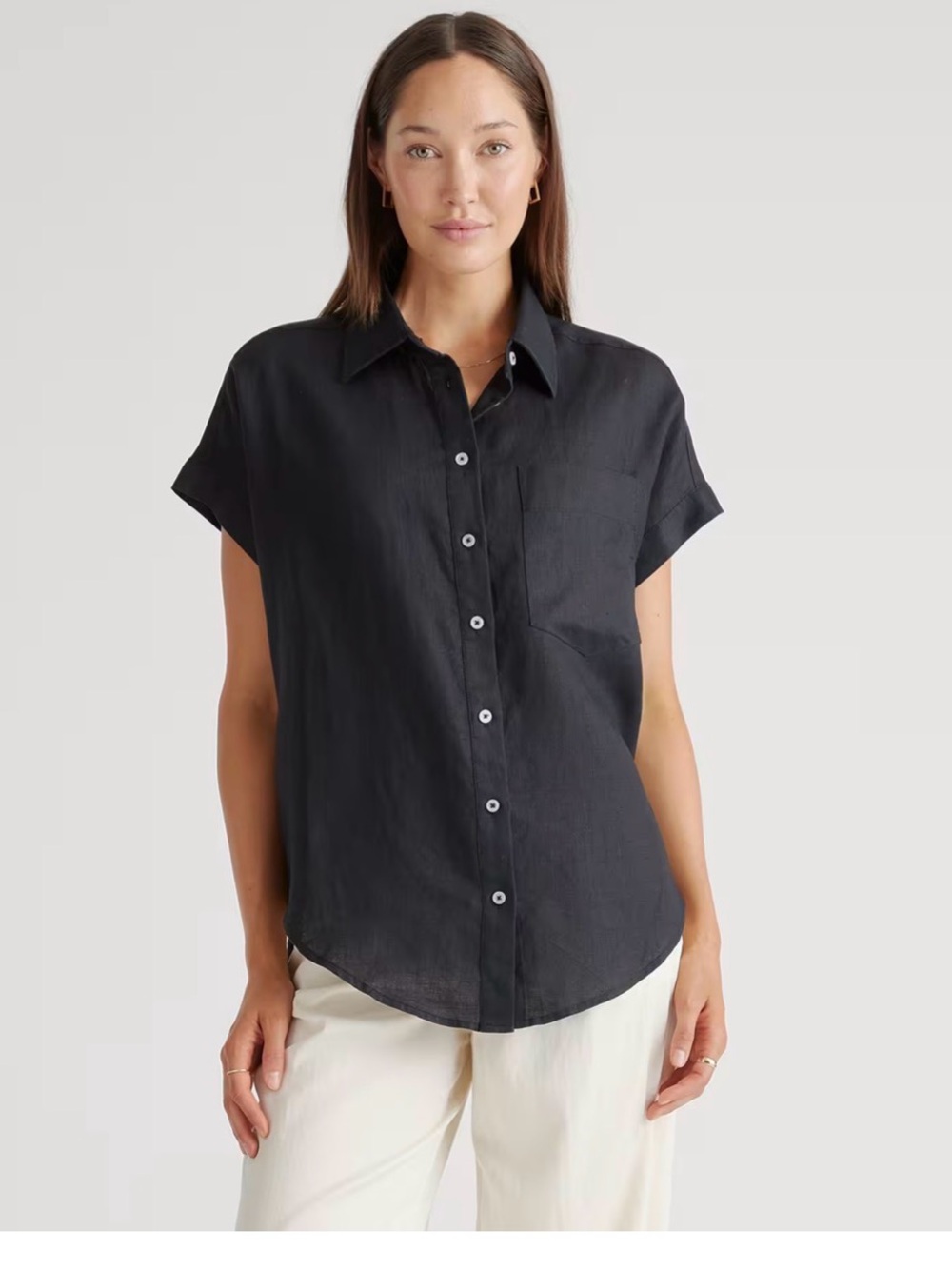 Quince Black Short-Sleeve Button-Down Shirt with Chest Pocket